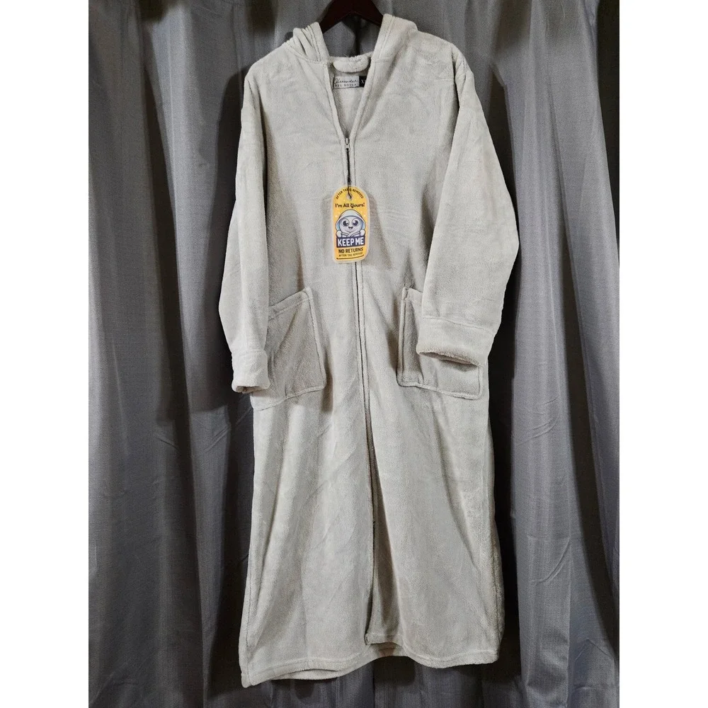 Alexander Del Rossa Mens XL Grey Plush Fleece Full Zip Hooded Robe Loungewear
